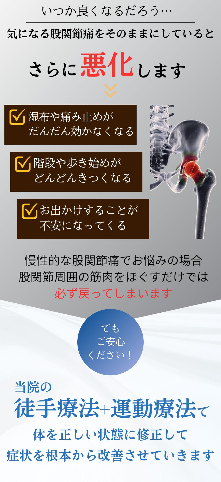 股関節痛そのままにしていると悪化します